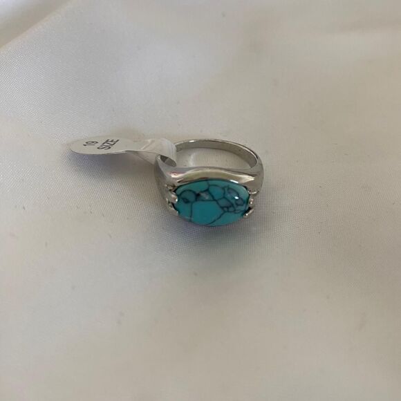 Boho Western Native Silver Toned Faux Turquoise Teal Blue Stone Ring Size 19 - Picture 1 of 3